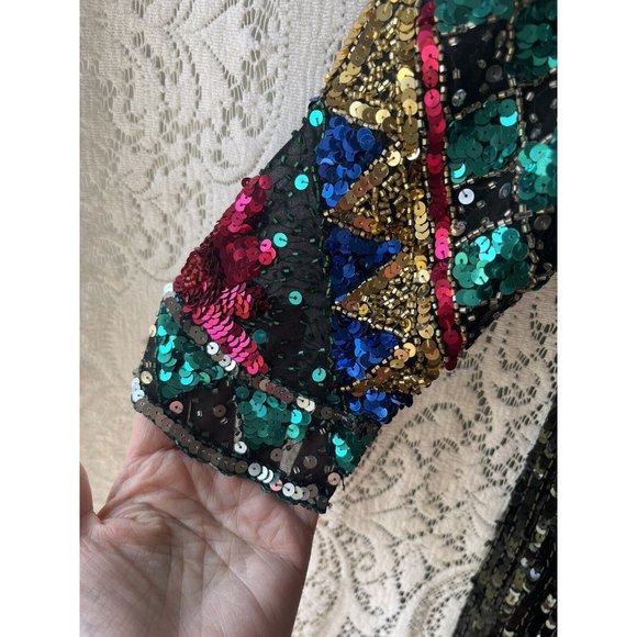 Oleg Cassini Black Tie Black Vintage 100% Silk Beaded Sequined 80s 90s Dress 10 - Picture 4 of 11